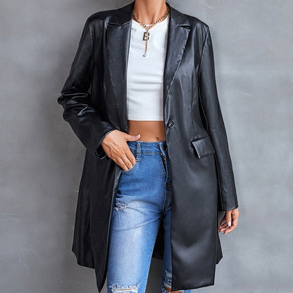 BONITA BLACK LEATHER LONG COAT