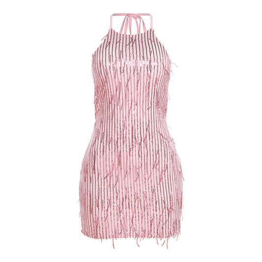 MAZE HALTER SEXY BACKLESS SEQUIN TASSEL DRESS