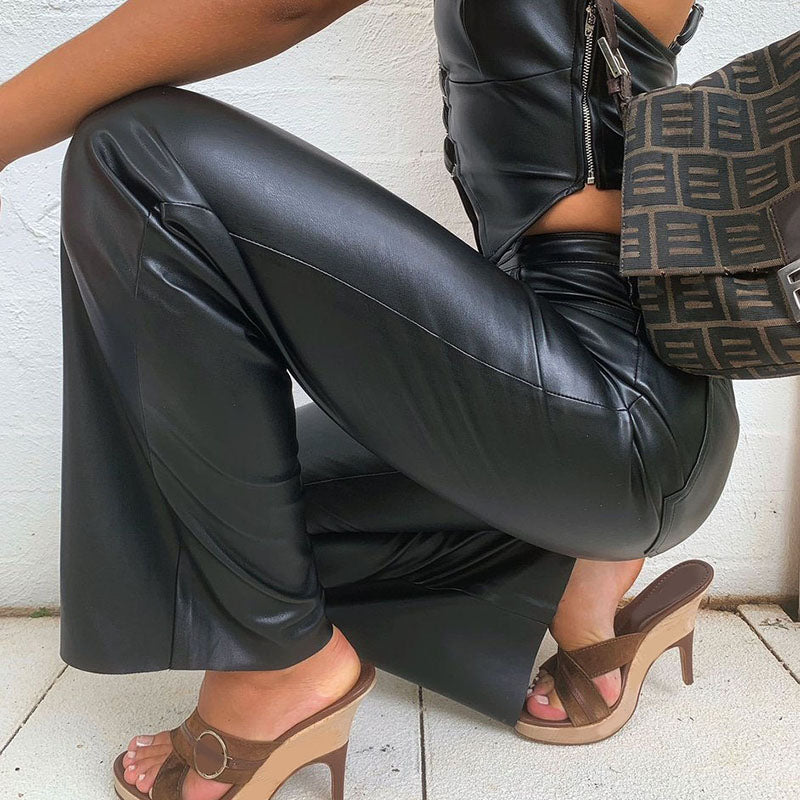 CASEY BLACK LEATHER STRAIGHT-LEG PANTS