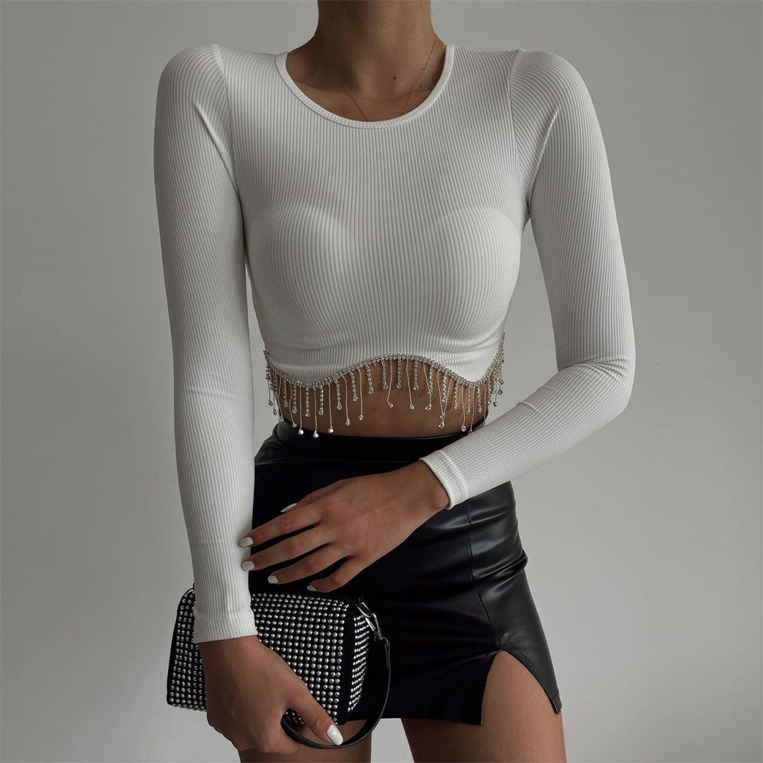 GIGI RHINESTON SEXY LONG SLEEVED CROPTOP