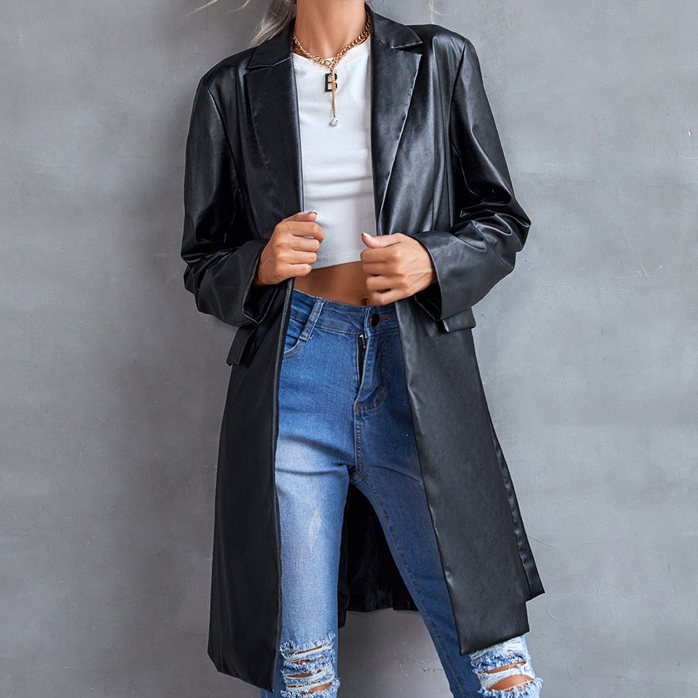 BONITA BLACK LEATHER LONG COAT