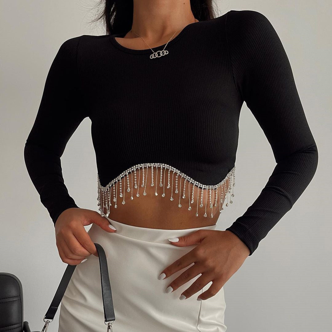 GIGI RHINESTON SEXY LONG SLEEVED CROPTOP